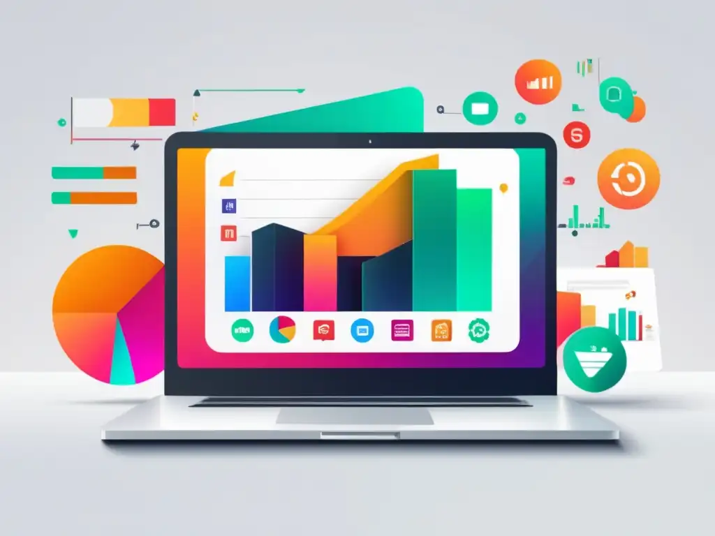 Laptop de marketing de afiliación: íconos y gráficos vibrantes Laptop moderno y minimalista que muestra íconos y gráficos de marketing de afiliados