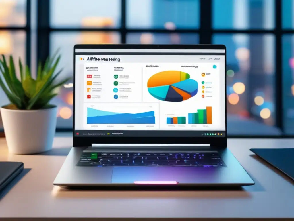Éxito en Marketing de Afiliados Laptop moderno y elegante con pantalla de alta resolución que muestra casos de éxito de estrategias de marketing de afiliados