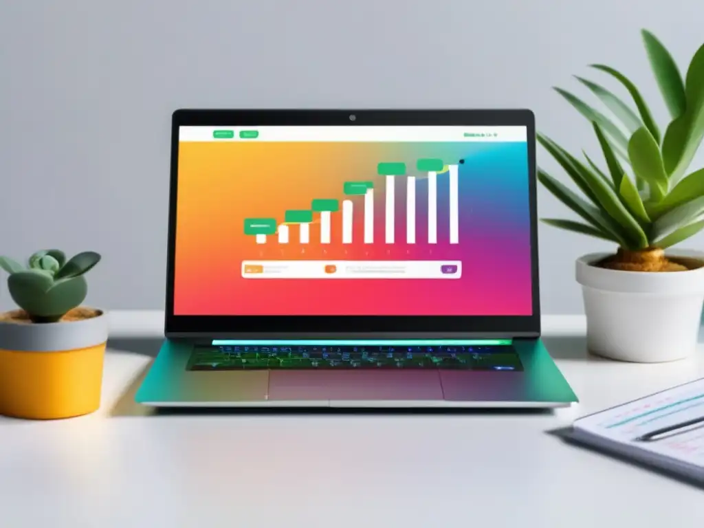 Laptop minimalista con gráfico de crecimiento en marketing de afiliación Laptop minimalista en escritorio blanco con gráfico de estrategias de marketing de afiliados
