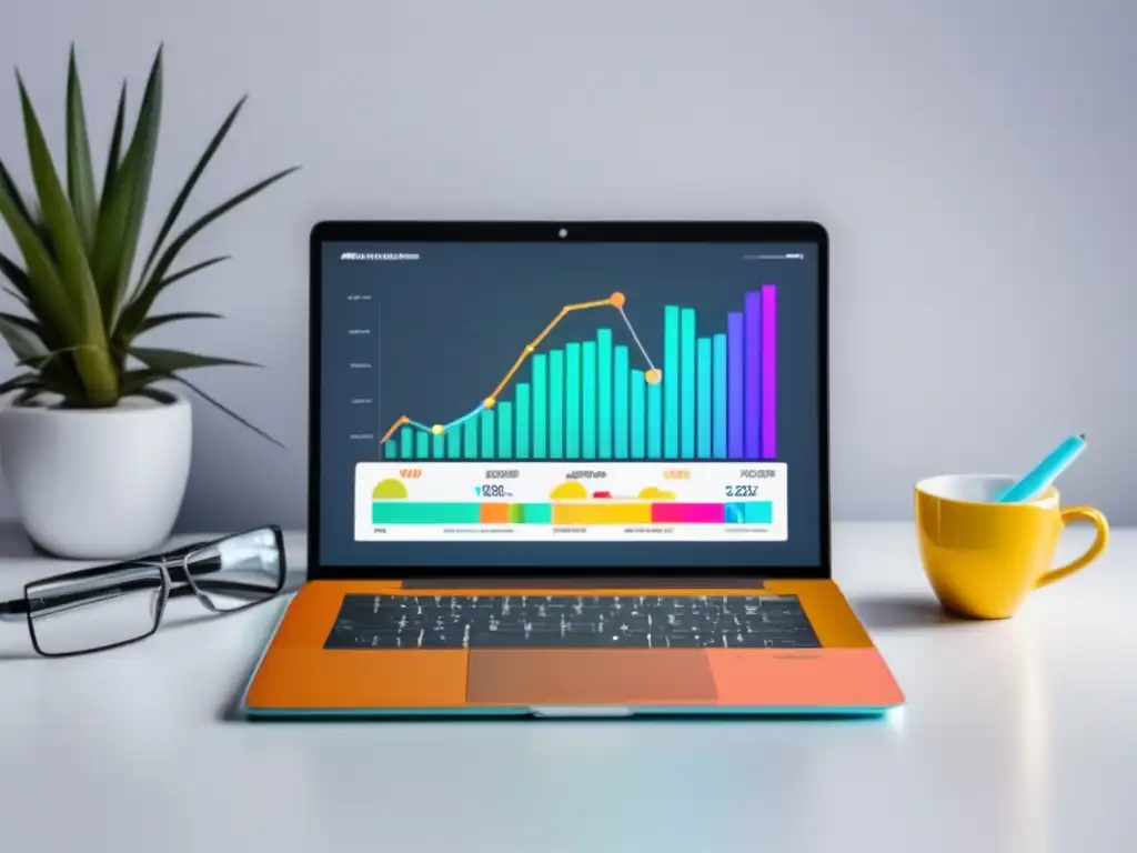 Laptop minimalista con gráfica de tendencias en marketing de afiliados Laptop minimalista con gráficos vibrantes y herramientas de marketing de afiliados