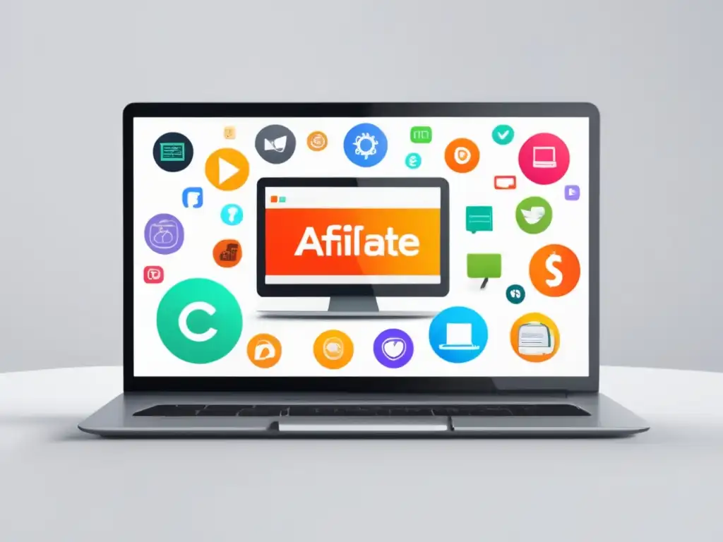 Laptop minimalista muestra iconos y símbolos de programas de afiliados, con signos de dólar y enfoque moderno