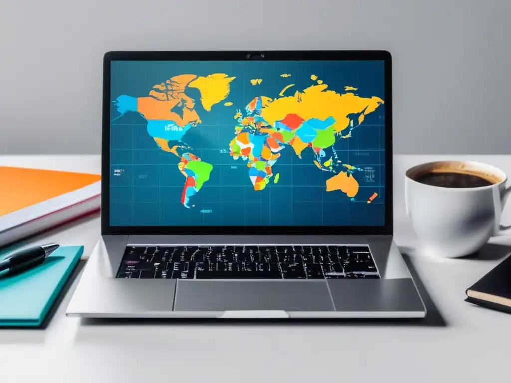 Laptop con mapa mundial y suministros de oficina Laptop con mapa mundial: Éxito en marketing de afiliados