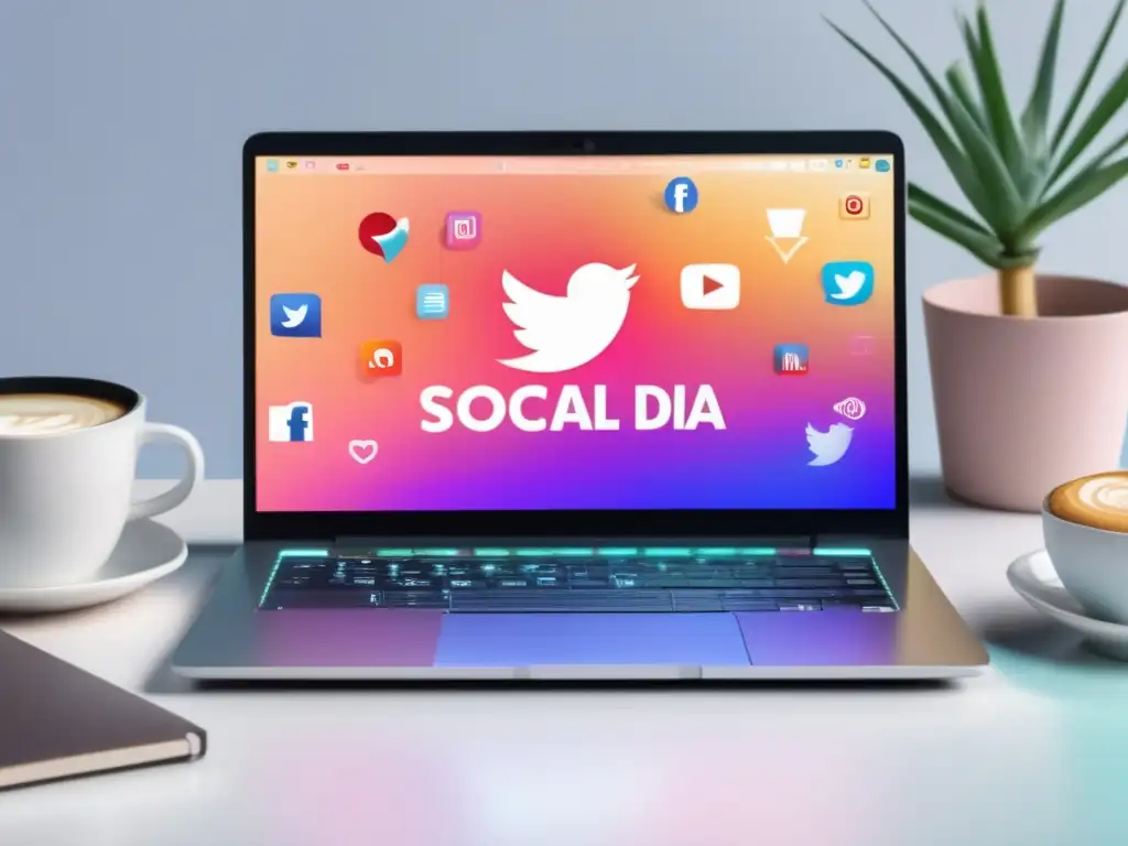 Laptop minimalista con redes sociales y marketing de afiliados Laptop minimalista con redes sociales y estrategias básicas para el marketing de afiliados