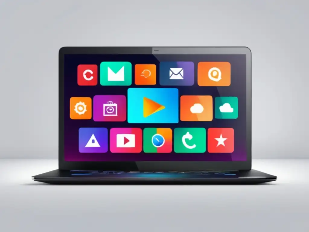 Laptop moderno con íconos de marketing de afiliados Laptop moderno con pantalla vibrante mostrando plataformas de afiliados más efectivas