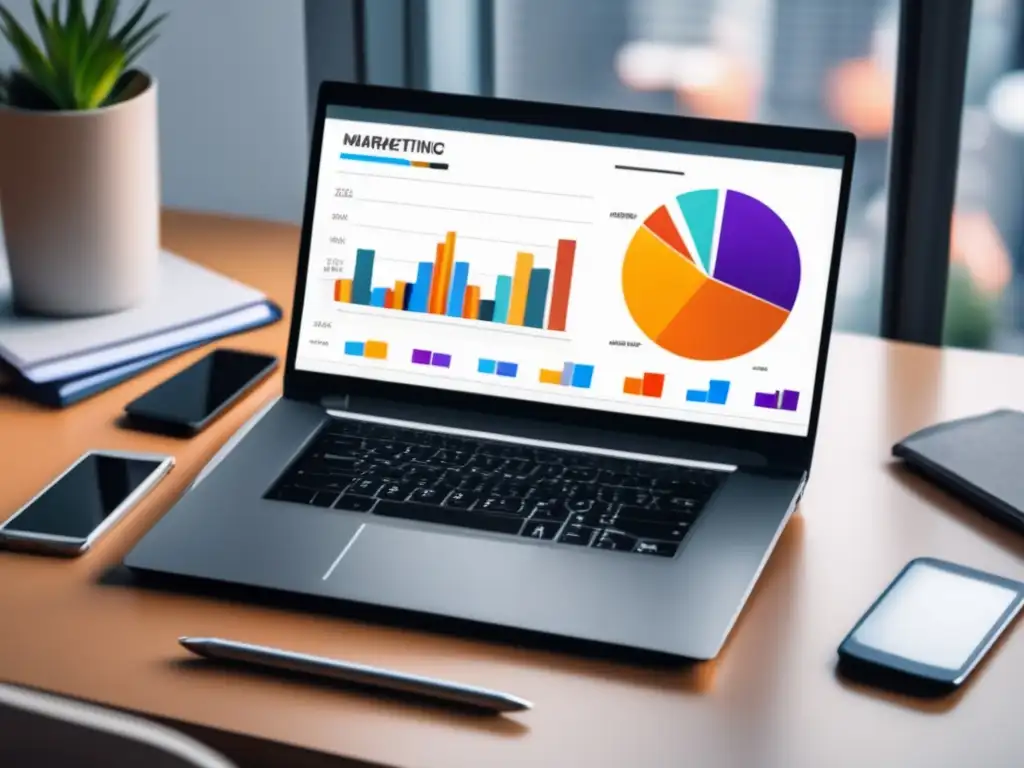 Estrategias de marketing de afiliados eficaces Laptop moderno y elegante en un escritorio organizado, con gráfico de ganancias en el marketing de afiliados y herramientas estratégicas