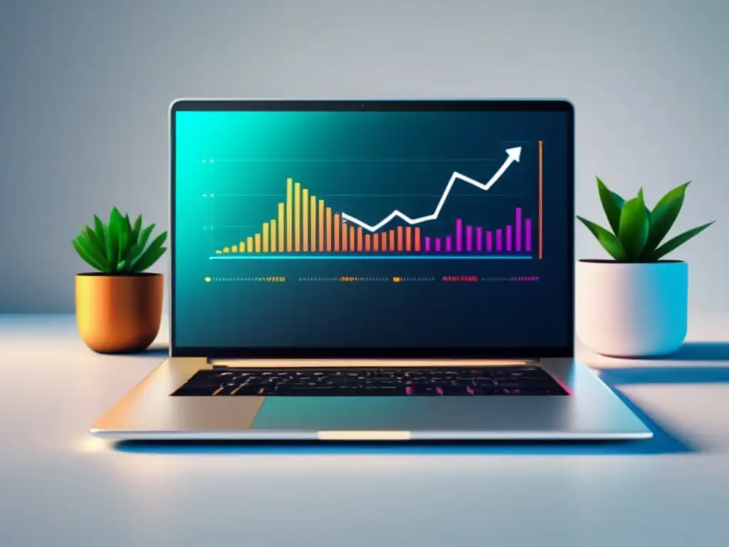 Laptop moderno con gráfico de crecimiento de ingresos de marketing de afiliados Laptop minimalista con pantalla vibrante que muestra gráfica de crecimiento exponencial de ingresos en marketing de afiliados