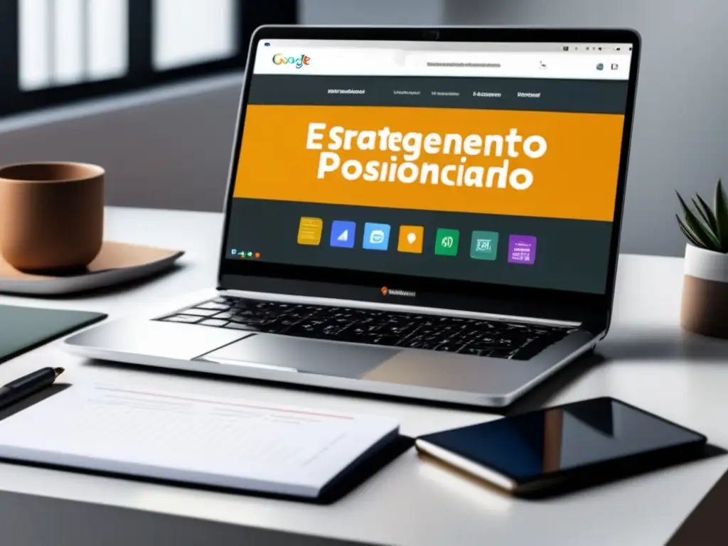 Laptop y Google Analytics para Marketing de Afiliados Laptop moderno en escritorio blanco con Google Analytics y 'Estrategias de Posicionamiento para Marketing de Afiliados'
