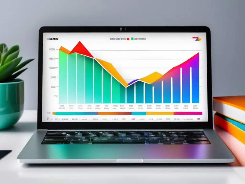 Laptop moderno con gráfico de ganancias en pantalla Laptop moderno en escritorio blanco muestra gráfico de ganancias de afiliados de Udemy y estrategias efectivas en marketing de afiliados