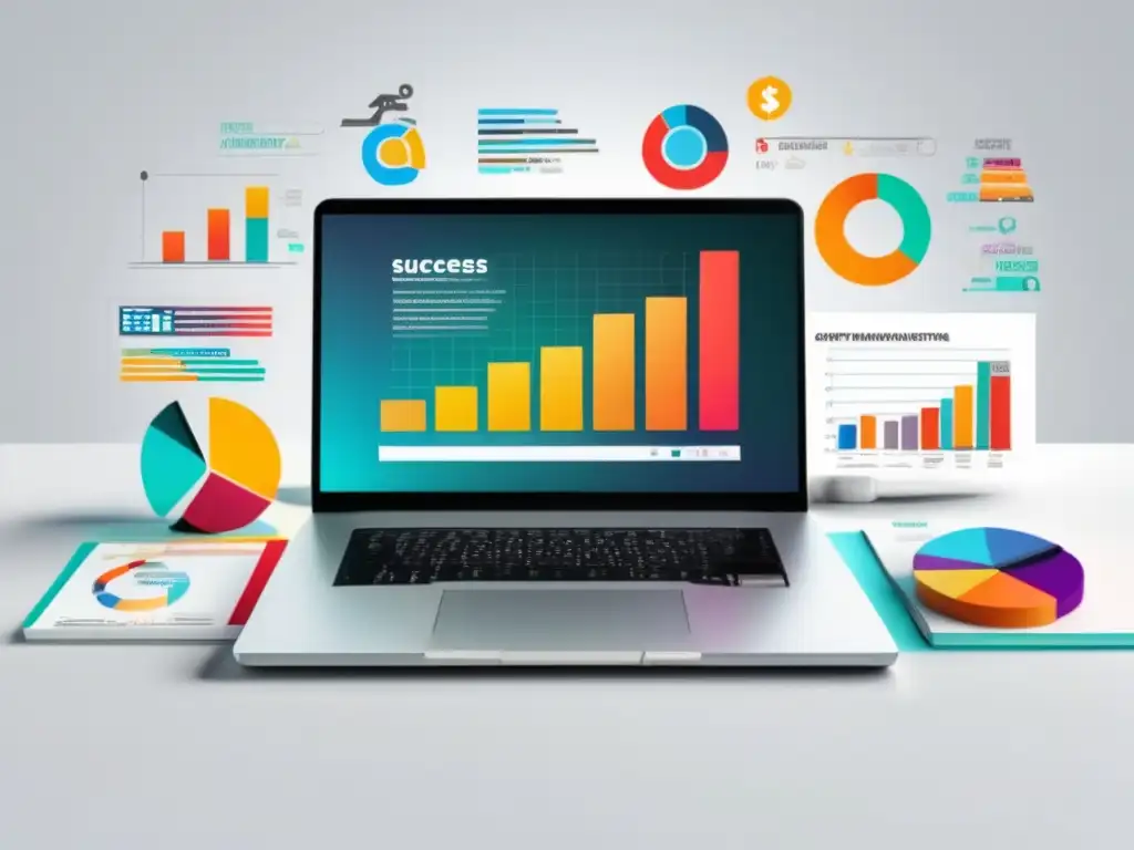 Laptop moderno con gráfico de marketing de afiliados Laptop moderno en un escritorio blanco con página web minimalista y gráfico de crecimiento del marketing de afiliados