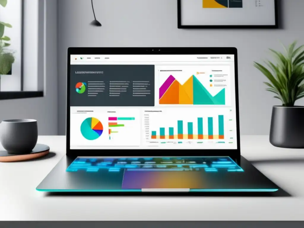 Laptop moderno con pantalla 8k y herramientas SEO Laptop moderno con pantalla 8k, herramientas de SEO y estrategias para marketing de afiliados