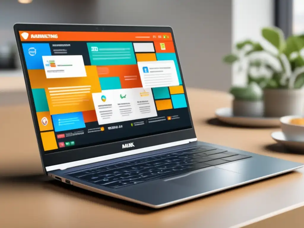 Laptop moderno con diseño minimalista y estrategias de marketing de afiliados Laptop moderno muestra estrategias efectivas para maximizar ingresos en marketing de afiliados