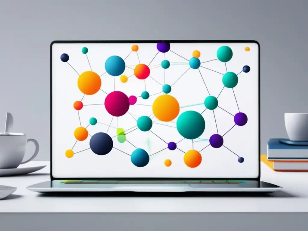 Laptop moderno en escritorio blanco con gráfico de marketing de afiliados Laptop moderno en escritorio blanco con gráfico de nodos de marketing de afiliados