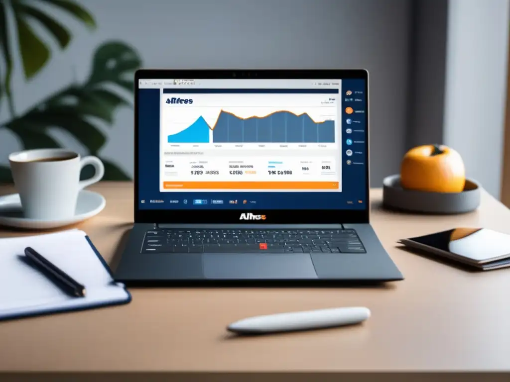 Laptop moderno en escritorio minimalista Laptop moderno en escritorio minimalista con logo Ahrefs, estrategias efectivas para maximizar ingresos en programa de afiliados