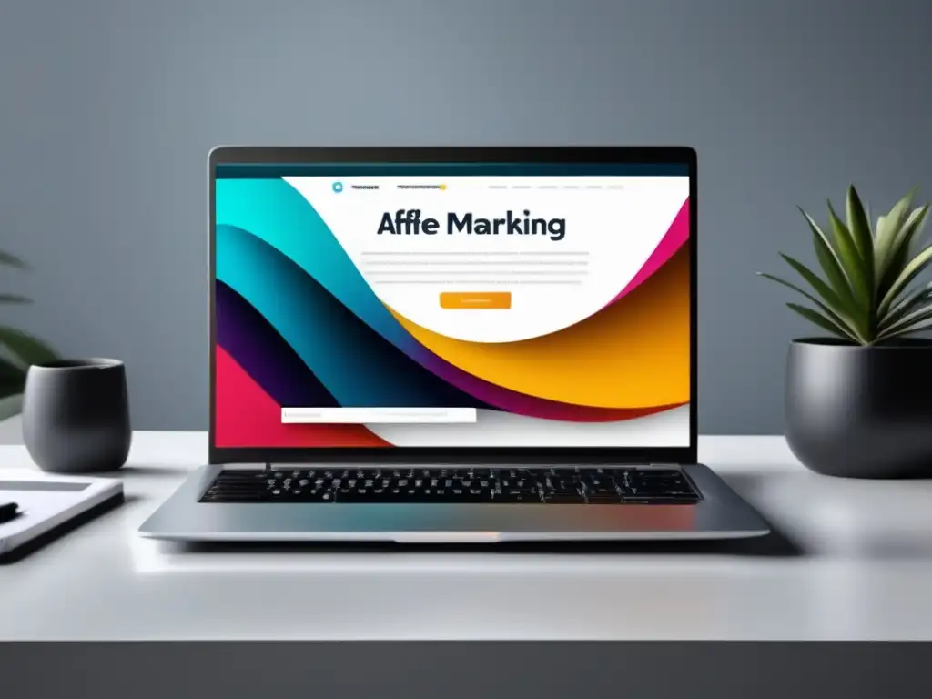 Laptop moderno en escritorio minimalista, con estrategias avanzadas de marketing de afiliados