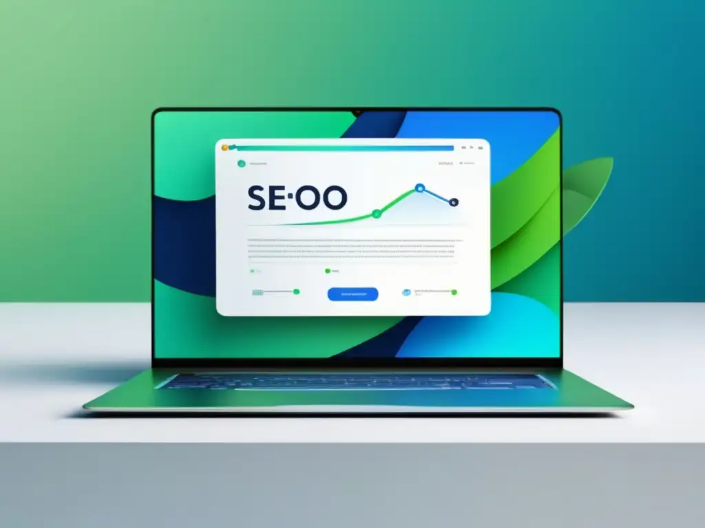 Laptop moderno y elegante con gráfico de SEO Laptop moderno en escritorio blanco, con gráfico minimalista de elementos de SEO