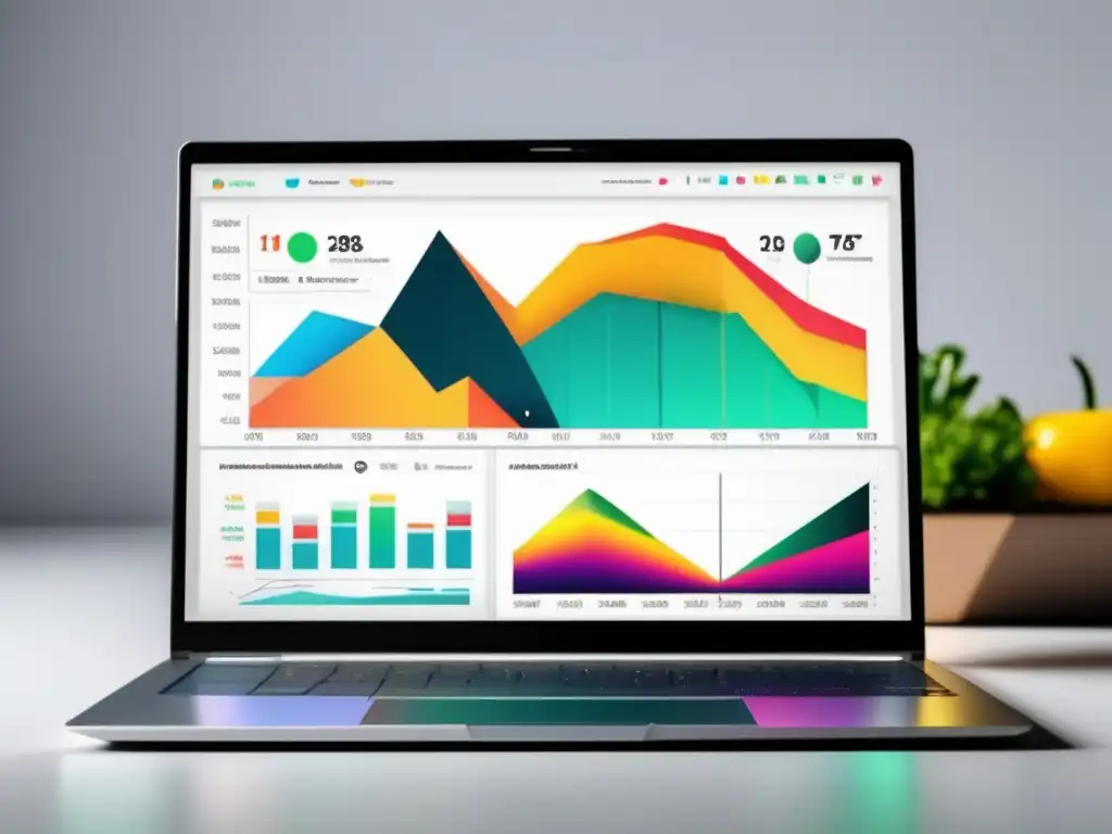 Laptop moderno con gráficos de marketing de afiliados Laptop moderno con diseño minimalista y gráficos vibrantes de estrategias efectivas de marketing de afiliados en el comercio electrónico