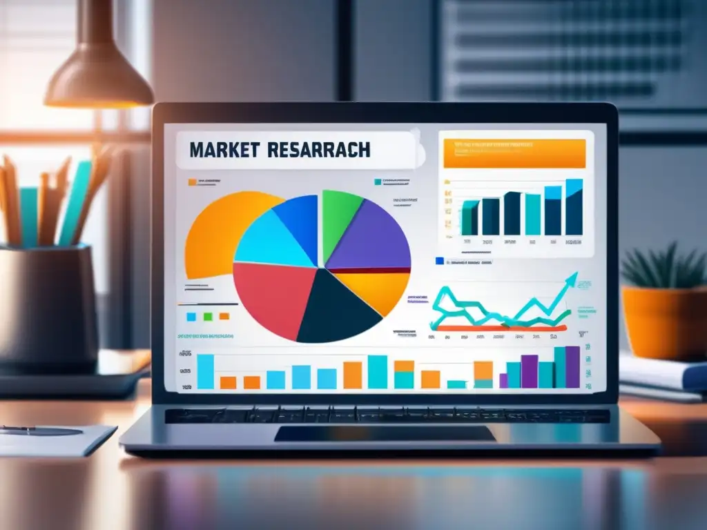 Laptop profesional con análisis de mercado Laptop moderno en escritorio minimalista con gráficos de mercado y competencia, iconos de diferentes industrias