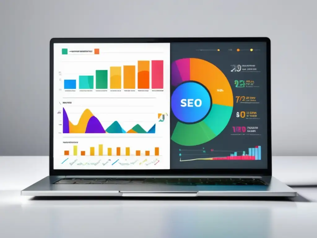 Laptop moderno con gráficos de análisis SEO, mostrando métricas clave y estrategias para aumentar tráfico en sitios web de afiliados