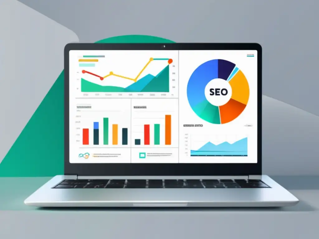 Herramientas SEO para maximizar ganancias Laptop blanco con pantalla de alta resolución mostrando herramientas de SEO y datos visuales