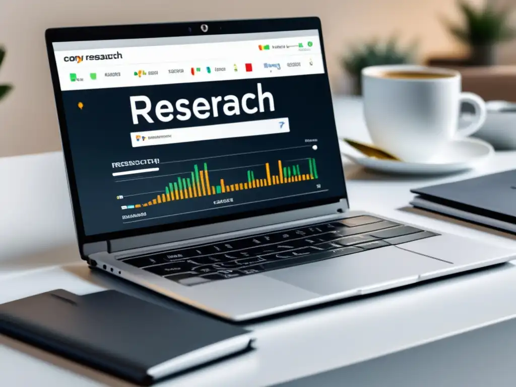 Laptop moderno con SERP de herramientas de investigación de palabras clave Laptop moderno en escritorio blanco, SERP y herramientas de investigación de palabras clave para estrategias de SEO afiliado de alto rendimiento