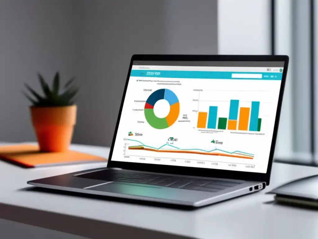 Laptop SEO análisis y metas Laptop moderno en escritorio blanco con gráfico SEO: herramientas de SEO para marketers de afiliados