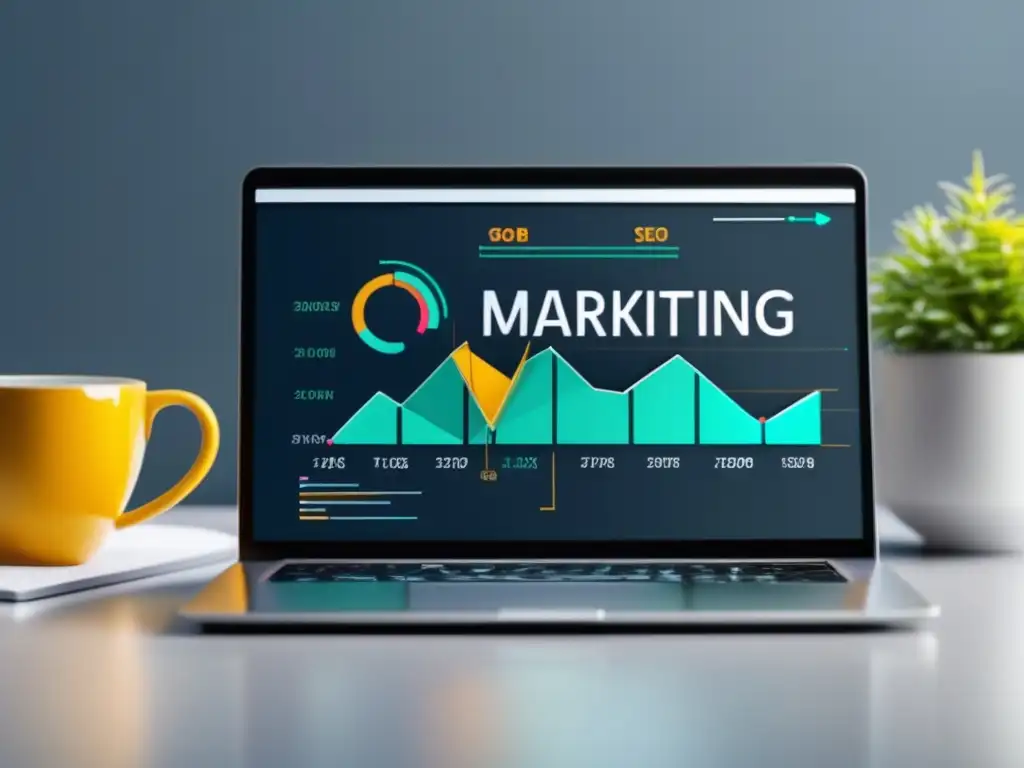 Laptop de alta resolución con gráfica de ingresos de marketing de afiliados Laptop minimalista con pantalla de alta resolución muestra gráfica de ingresos del marketing de afiliados con SEO