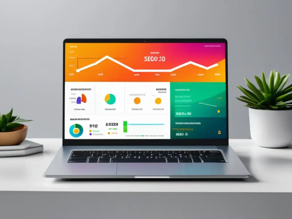 Laptop SEO moderno y profesional Herramientas SEO para marketing de afiliados, con gráficos modernos y datos relevantes
