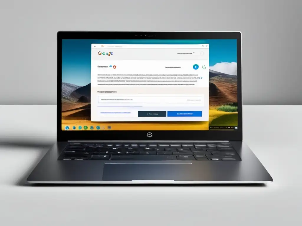 Laptop SEO: SERP visible, teclado y profesionalidad Laptop minimalista en blanco con SERP de alta visibilidad, teclado y secretos de SEO para aumentar ingresos en marketing afiliado