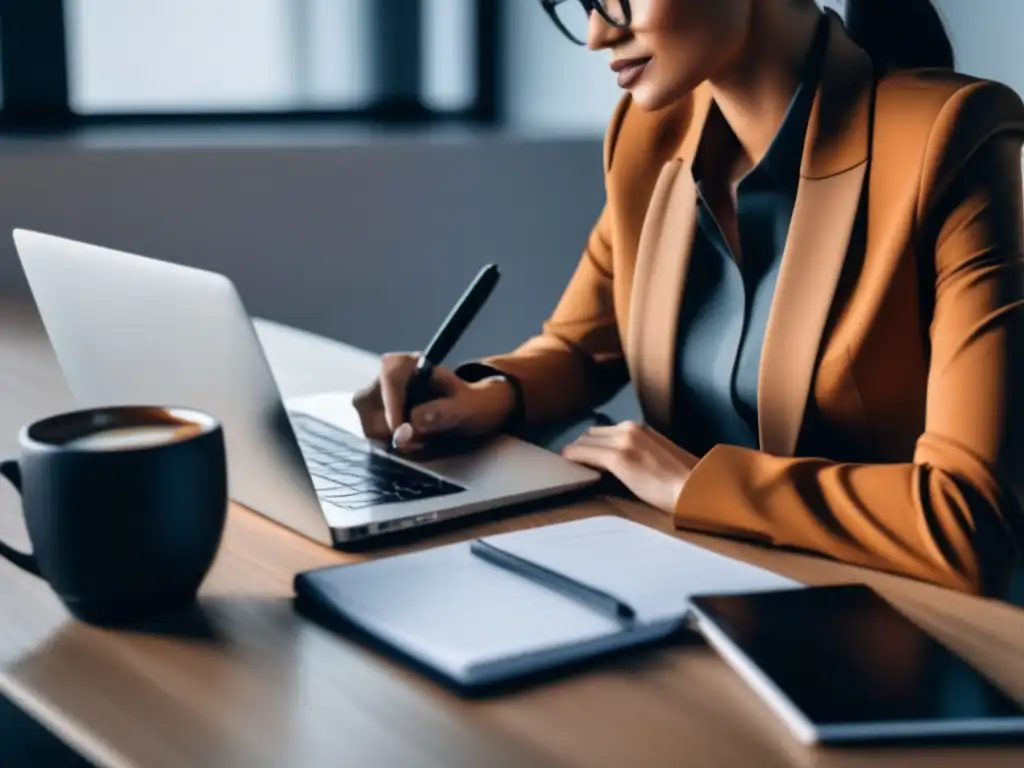 Profesional trabajando en escritorio moderno Persona enfocada en laptop, escritorio moderno y organizado, representa éxito en marketing de afiliados