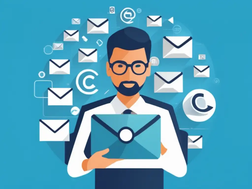 Construyendo una lista de correo Imagen de persona rodeada de iconos y sobres de email, representando el proceso de construir una lista de correos