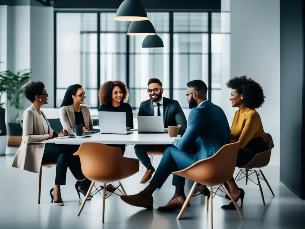 Profesionales colaborando en una oficina moderna Profesionales diversificados en una moderna oficina colaborando en estrategias clave para mejorar ingresos en el marketing de afiliados