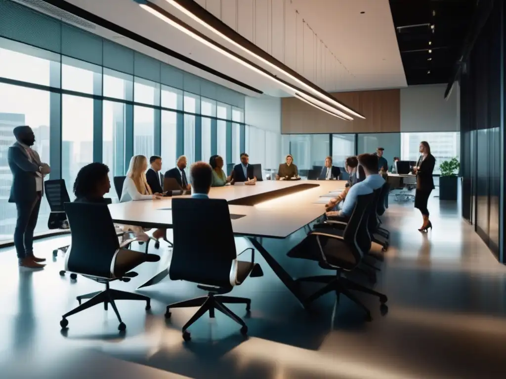 Equipo profesional en reunión de trabajo Reunión de profesionales en oficina con luz natural: programa de afiliados más efectivos