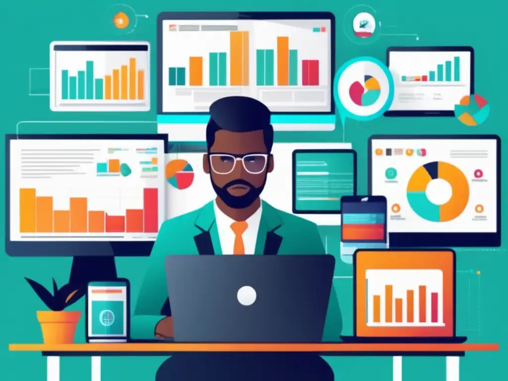 Profesional trabajando con dispositivos digitales Persona en escritorio con dispositivos digitales y gráficos: estrategias de marketing de afiliados para maximizar ingresos