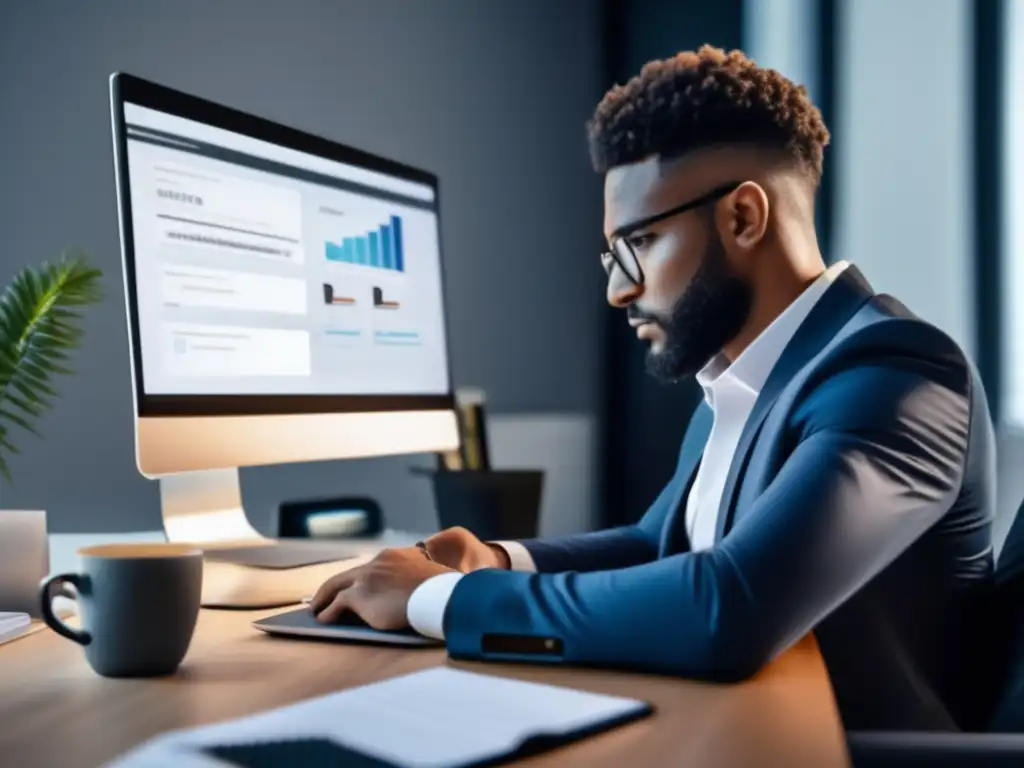 Profesional trabajando en escritorio moderno Ejemplos exitosos de marketing de afiliados: persona trabajando en un escritorio moderno con laptop, ambiente profesional y minimalista