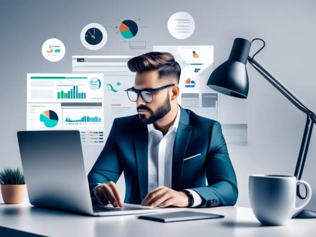 Profesionalidad en el marketing de afiliados Persona profesional concentrada en una oficina minimalista, rodeada de herramientas y recursos de marketing de afiliados