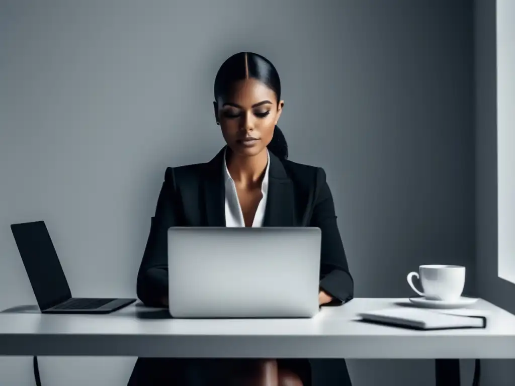 Trabajo productivo en escritorio moderno Persona profesional trabajando en escritorio minimalista con laptop: marketing de afiliados