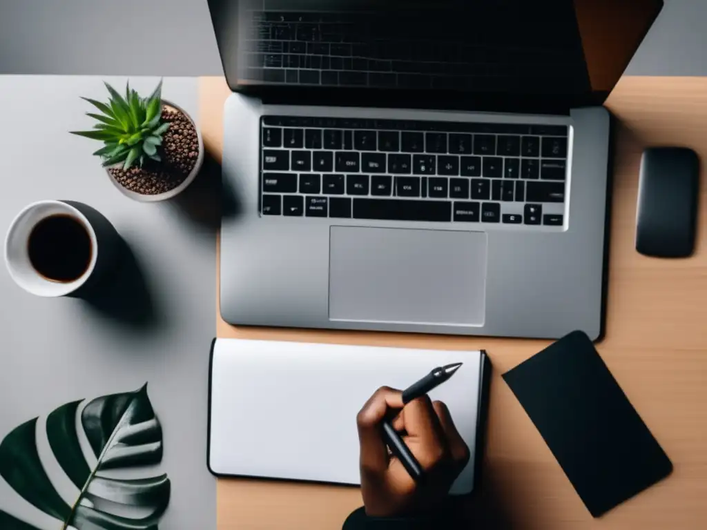 Trabajo profesional y productivo en escritorio moderno Persona trabajando en escritorio moderno, transmitiendo profesionalismo y mejores prácticas en marketing de afiliados