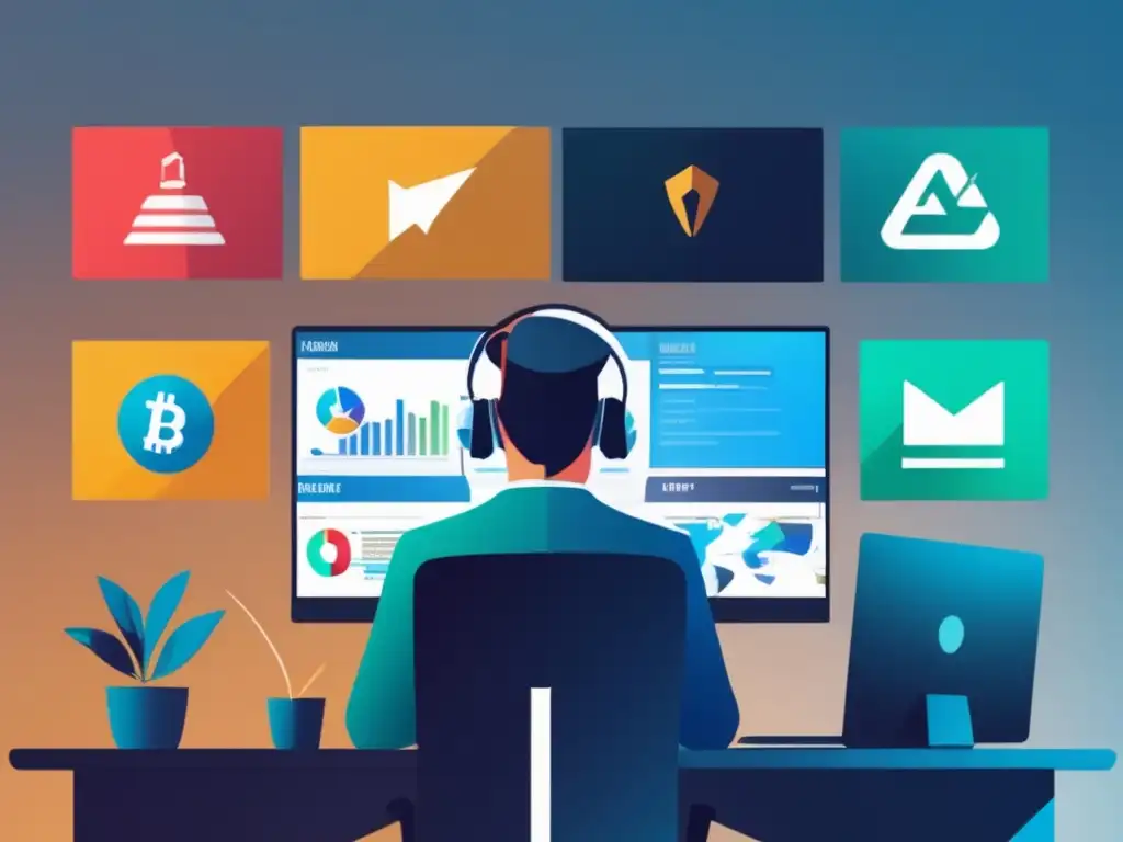 Persona profesional enfocada en plataformas de afiliados trabajando en un escritorio moderno rodeado de pantallas digitales