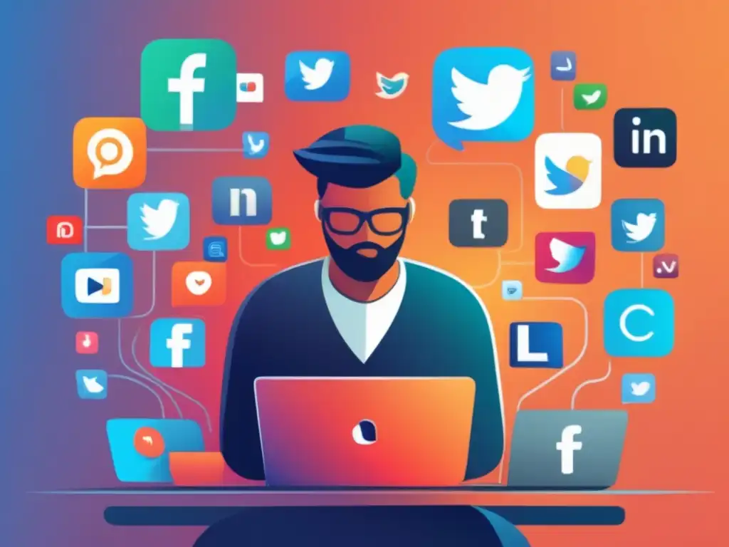 Persona enfocada en pantalla de laptop con gráfico de ventas de afiliados Persona en escritorio con laptop, rodeada de íconos de redes sociales, muestra gráfico de ventas afiliadas