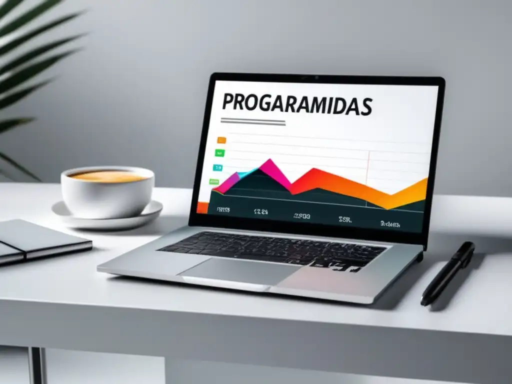 Programas de afiliados exitosos en un escritorio minimalista Laptop minimalista con gráfico de éxito en programas de afiliados