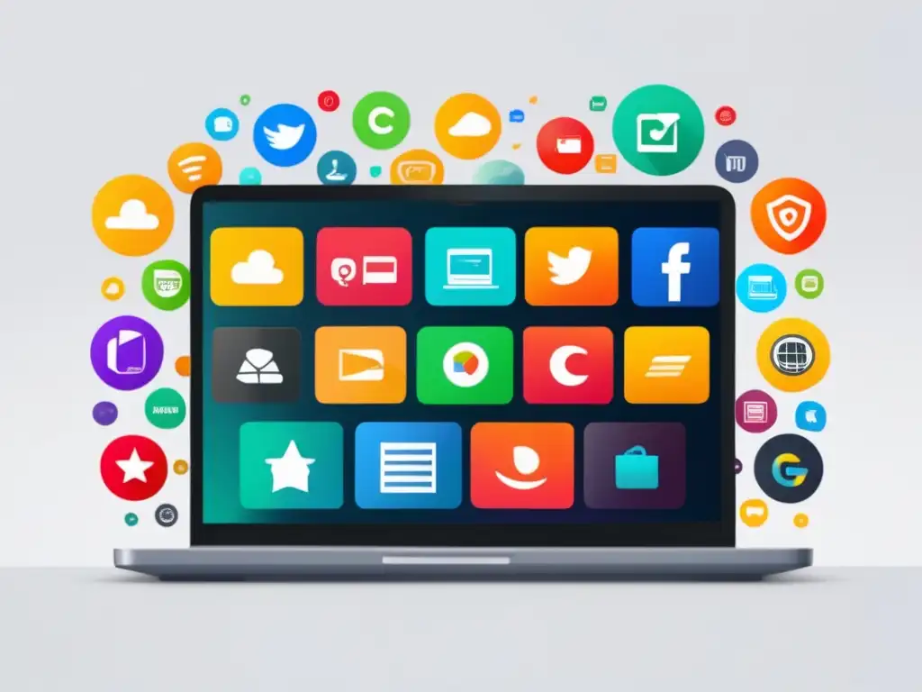 Laptop con iconos de programas de afiliados Laptop minimalista con pantalla vibrante y logos de programas afiliados