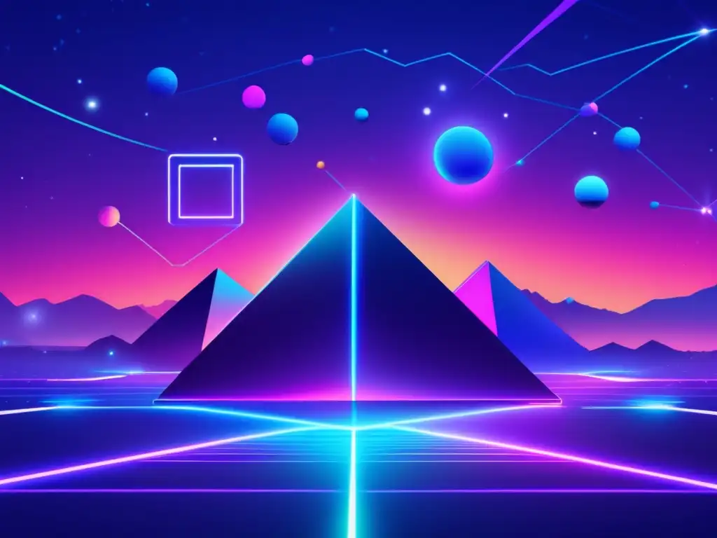 Paisaje digital futurista con nodos interconectados Tendencias del marketing de afiliados en una imagen futurista y minimalista con paisaje digital y colores neón