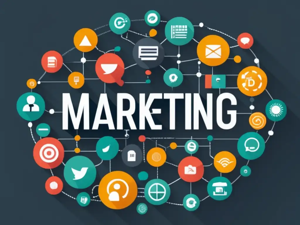 Marketing Afiliados: Símbolos y conexiones Ilustración minimalista de marketing de afiliados con símbolos, iconos y colores vibrantes