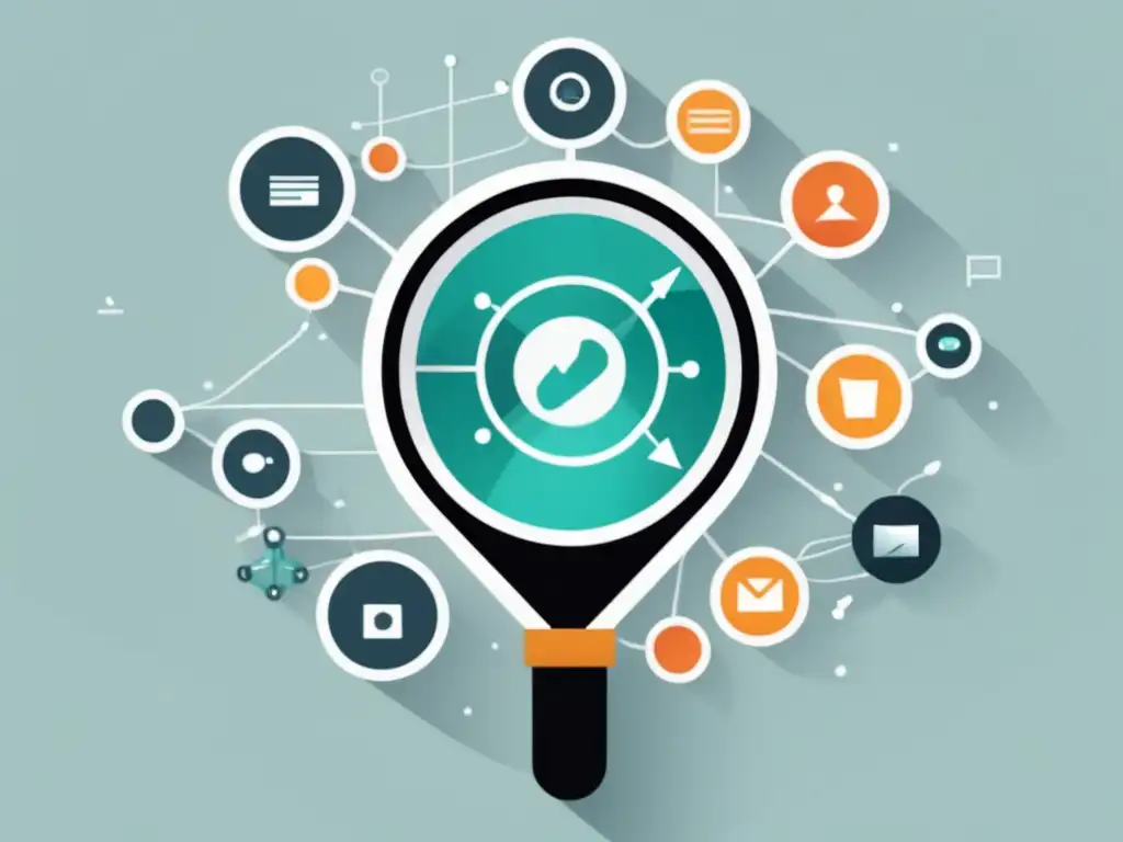 Red de afiliados y análisis de backlinks Ilustración minimalista de una lupa sobre una red de nodos interconectados que representan sitios web y oportunidades de afiliados