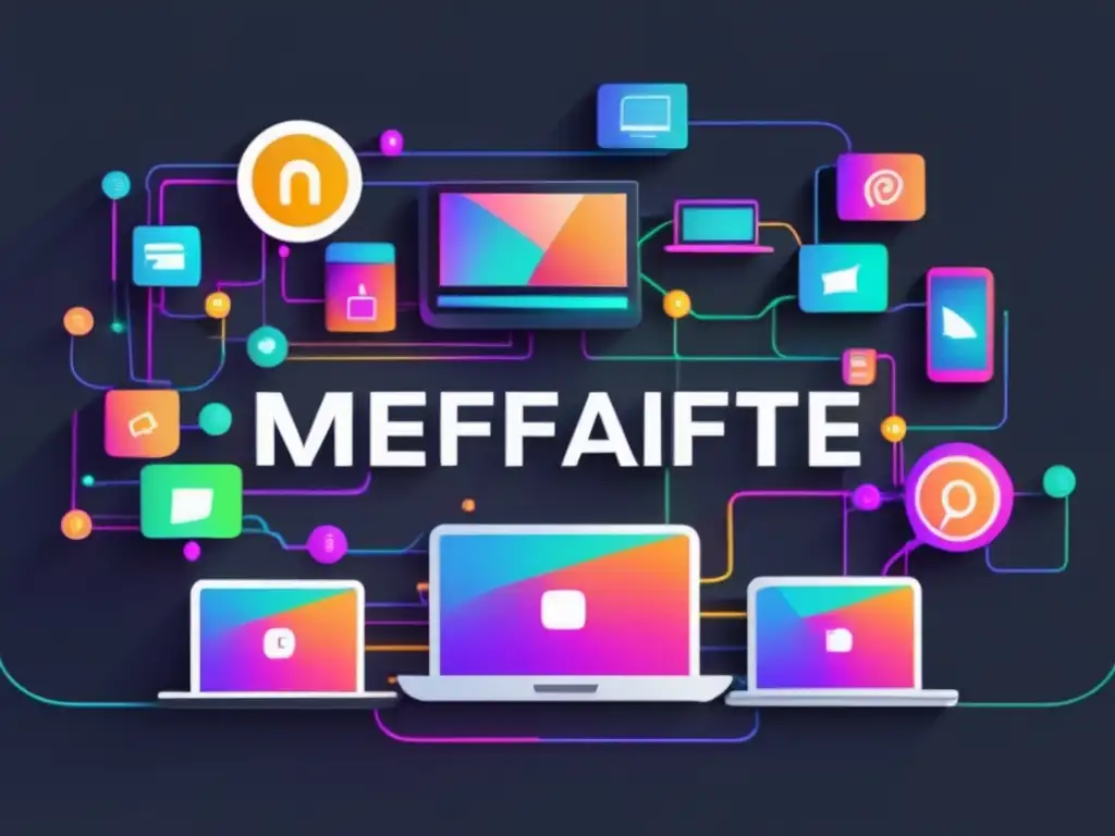 Estrategias SEO para marketing afiliados: red de dispositivos interconectados en fondo negro con líneas neón