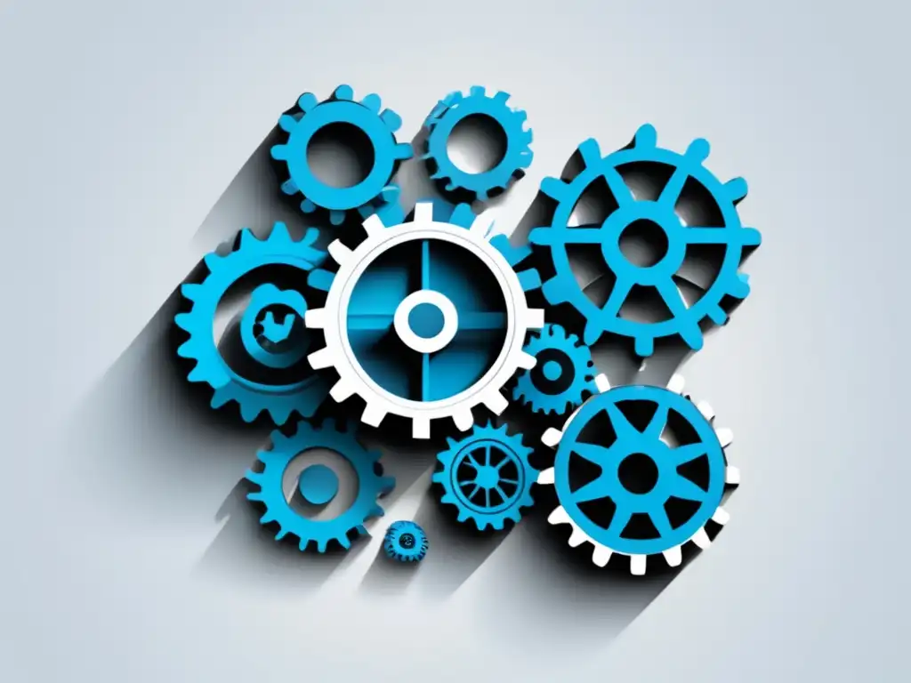 Leyes de marketing de afiliados Leyes de marketing de afiliados: imagen minimalista con engranajes interconectados en azul representando regulaciones y aspectos legales