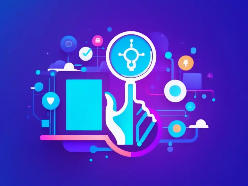 Mano robótica examinando iconos AI Mano robótica examina red de iconos AI en tonos vibrantes, simbolizando herramientas de inteligencia artificial para el marketing de afiliados