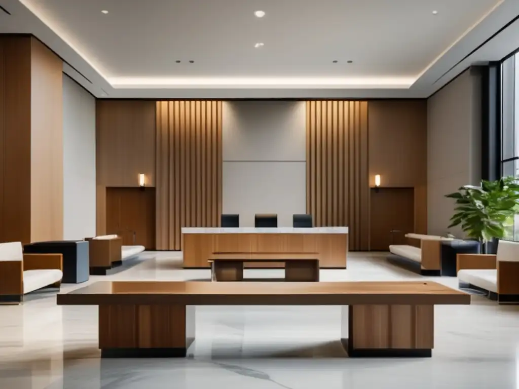 Sala de tribunal moderna y minimalista Corte moderna con diseño minimalista, luz natural y regulaciones legales para emprendedores en el marketing de afiliados