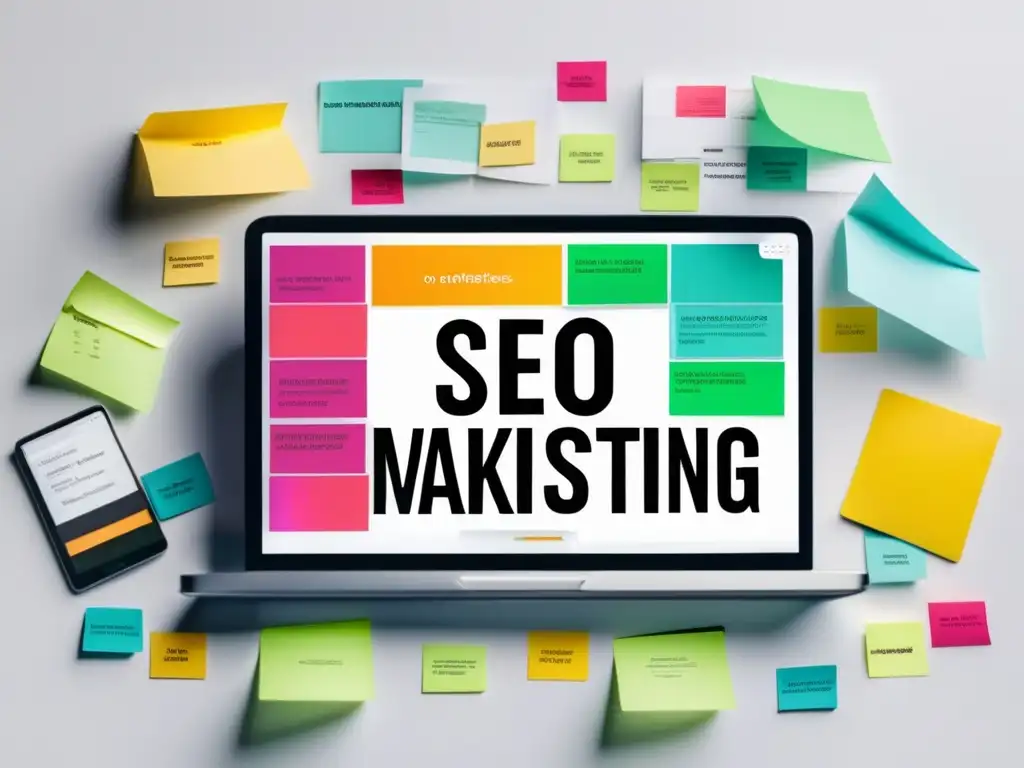 Laptop SEO y marketing de afiliados Laptop en un escritorio blanco con notas adhesivas de SEO y marketing de afiliados, mostrando gráfico de tráfico y conversiones