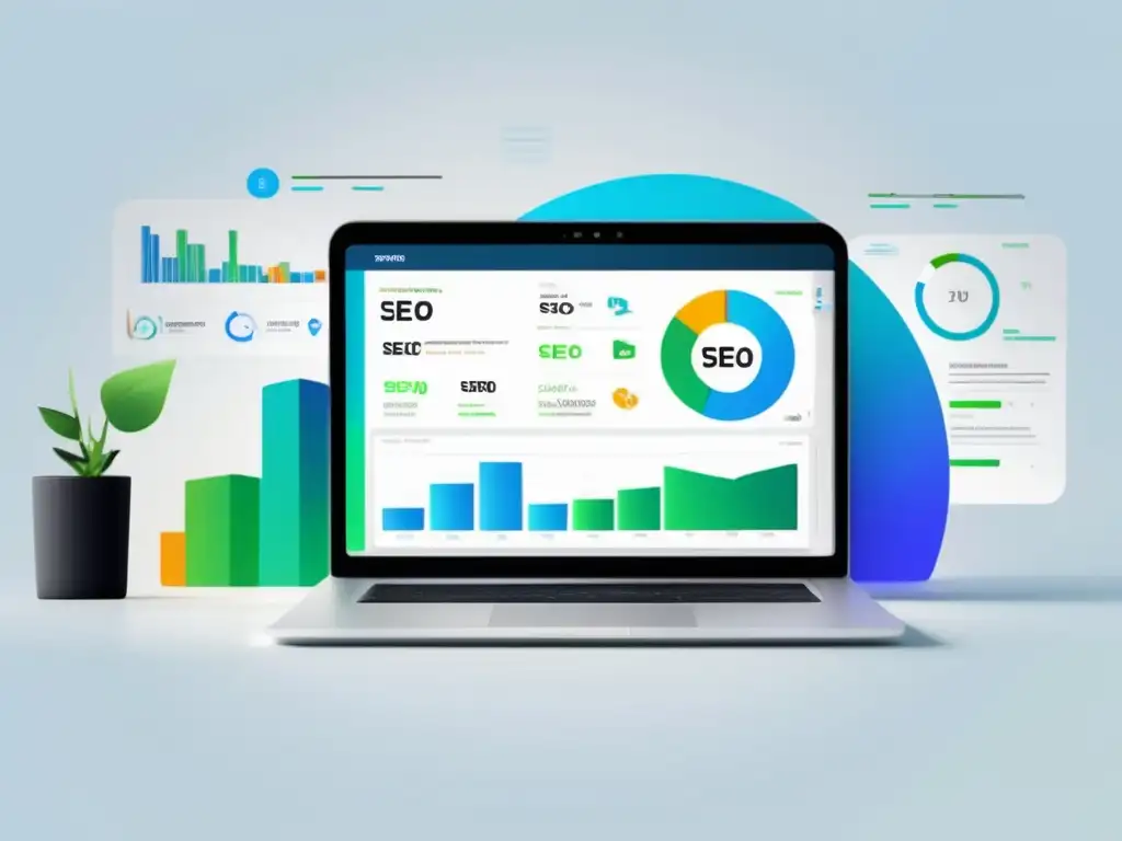 Laptop SEO: Análisis y métricas Laptop moderno con pantalla vibrante muestra dashboard SEO para éxito en marketing de afiliados